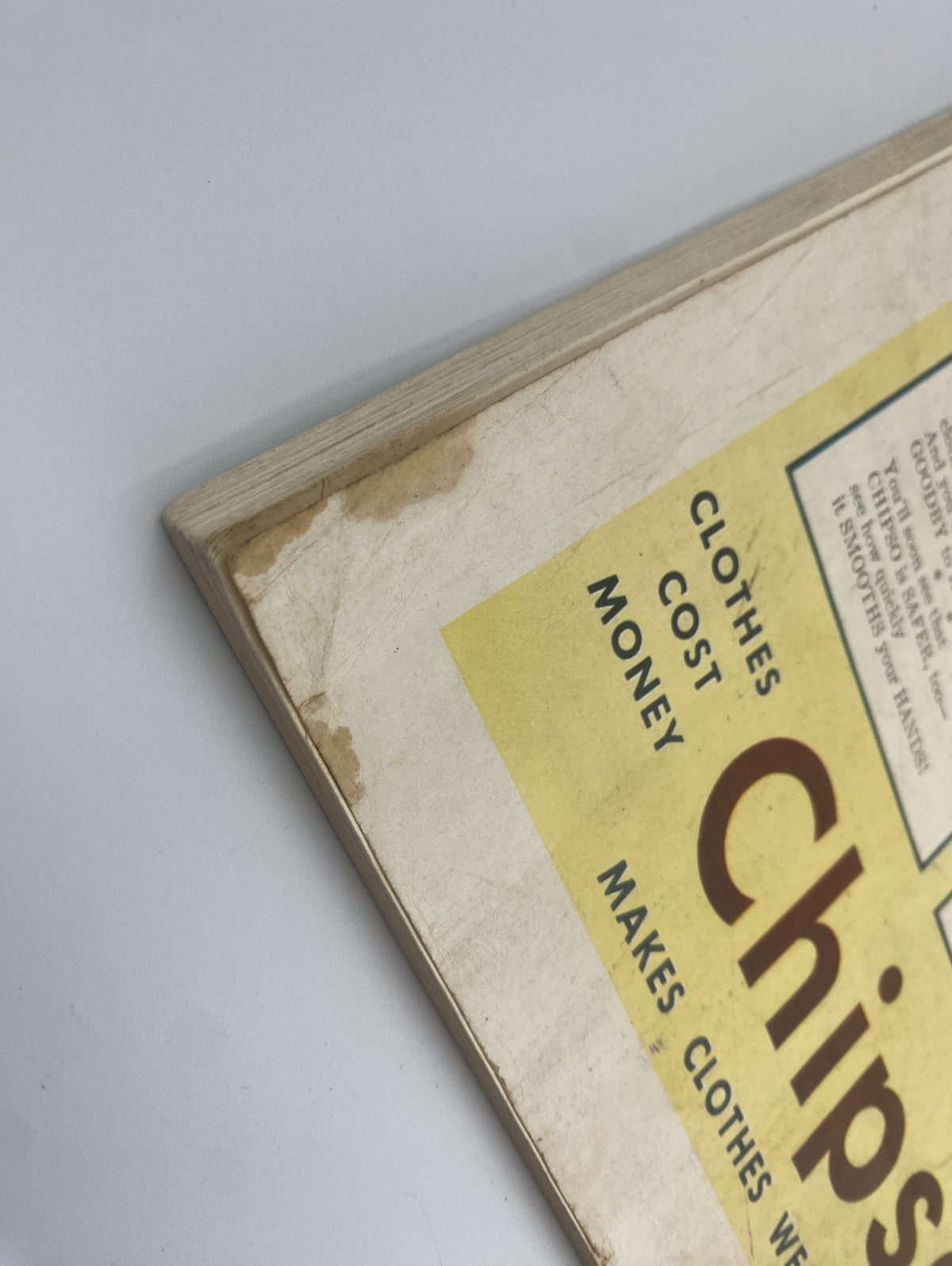 Close-up view of the edge of a page from Woman’s Home Companion Magazine February 1933, featuring an advertisement for Chipso laundry detergent.