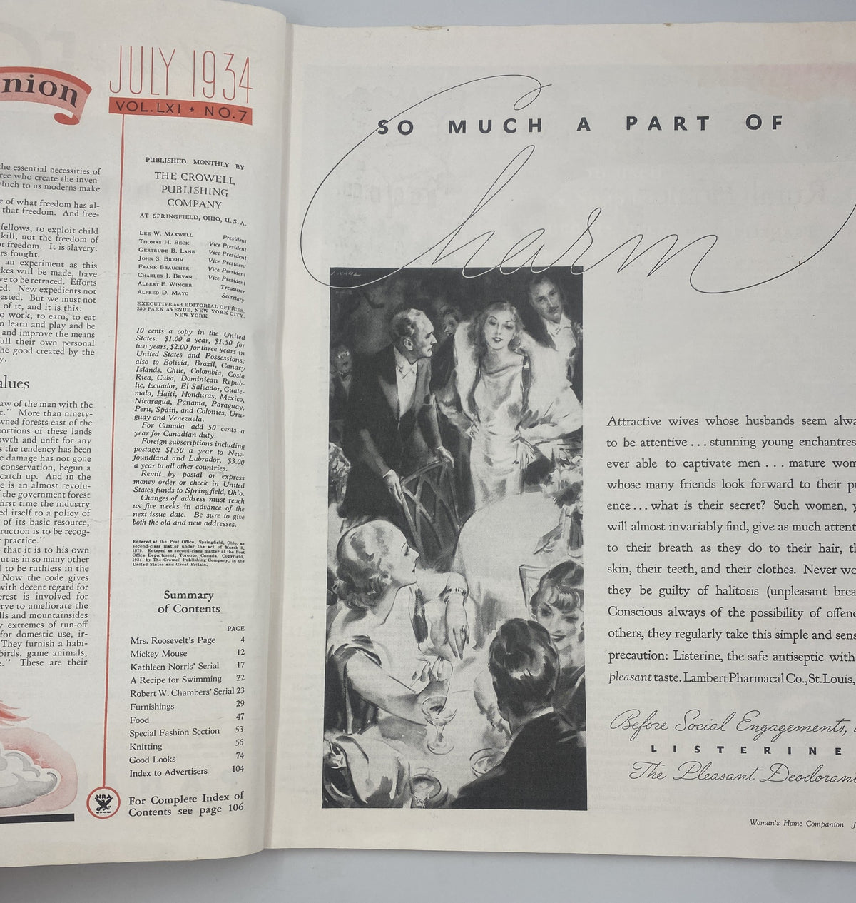 Inside page of Woman's Home Companion Magazine July 1934 featuring elegant illustrations and the phrase 'So Much a Part of Charm'.