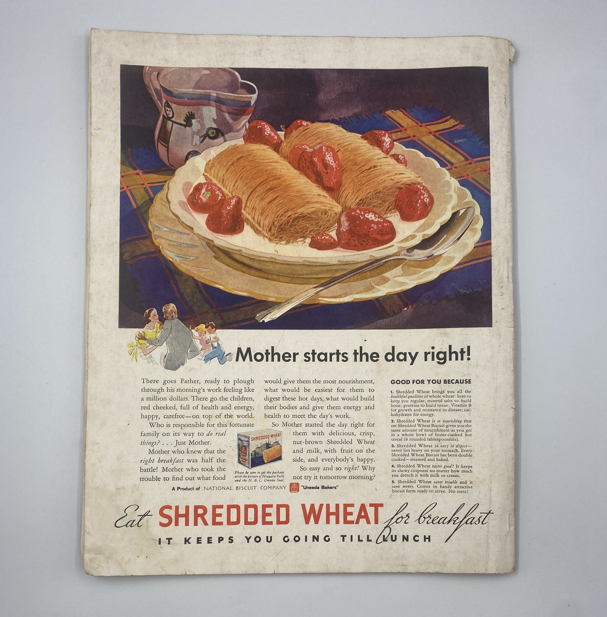Back cover of Woman's Home Companion Magazine July 1934 with an advertisement for Shredded Wheat, promoting a healthy breakfast.