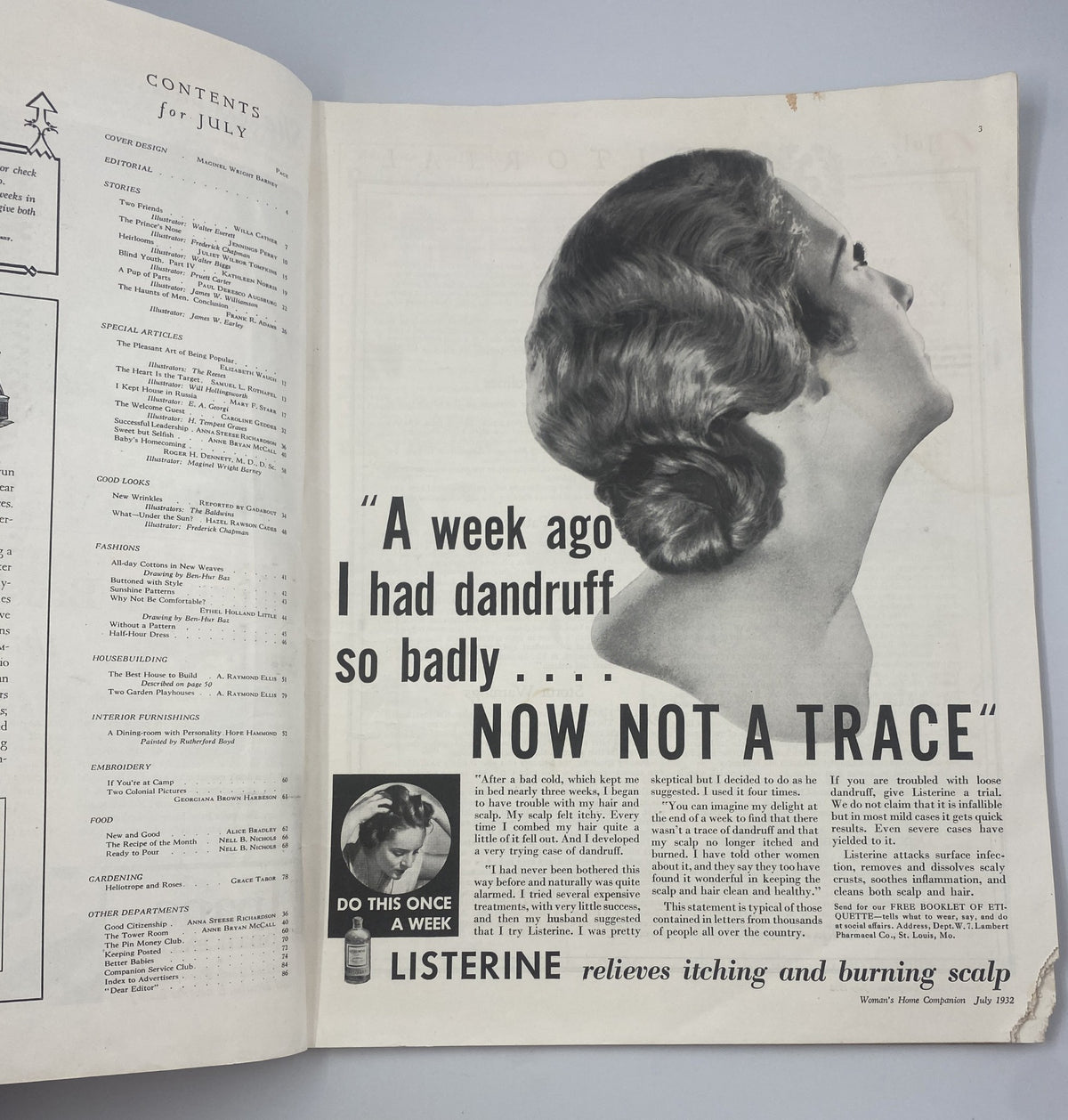Interior page from Woman’s Home Companion Magazine July 1932 featuring an advertisement for Listerine with a woman's profile.