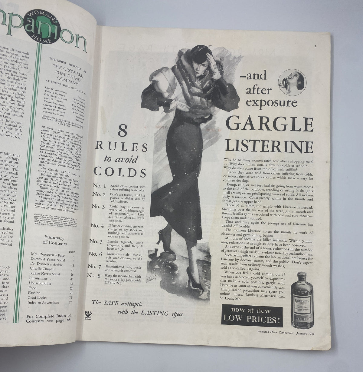 Interior page of Woman's Home Companion Magazine January 1934 discussing health tips and featuring an advertisement for Listerine.