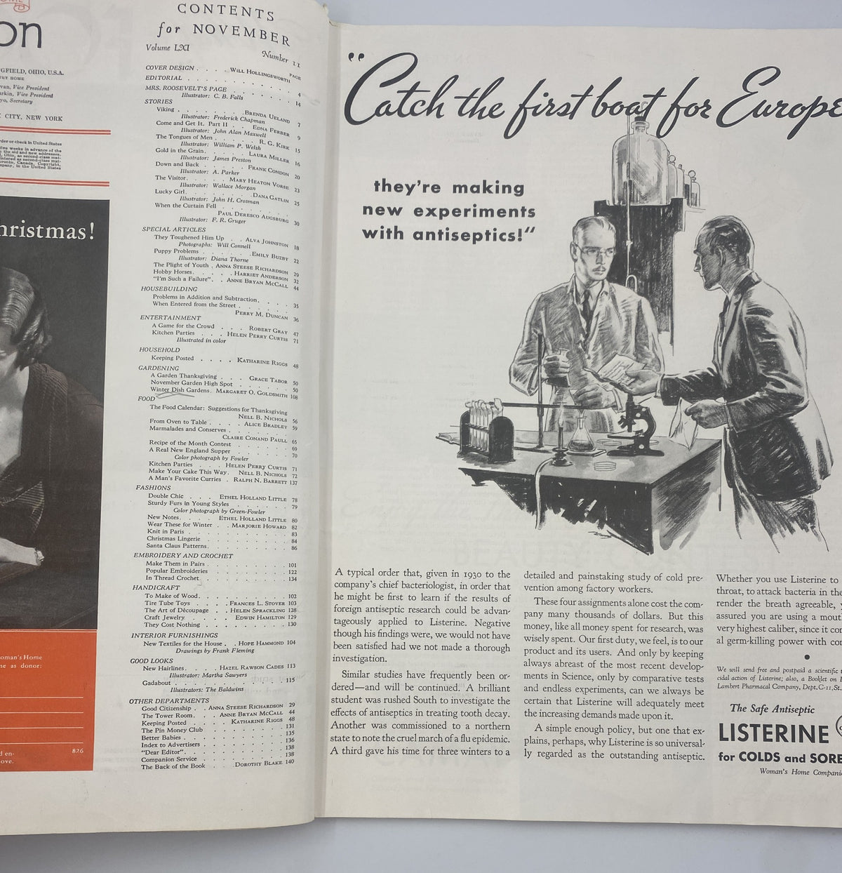 Illustration from Woman’s Home Companion Magazine November 1934 featuring a scene with men experimenting with antiseptics, showcasing early 20th-century medical advancements.