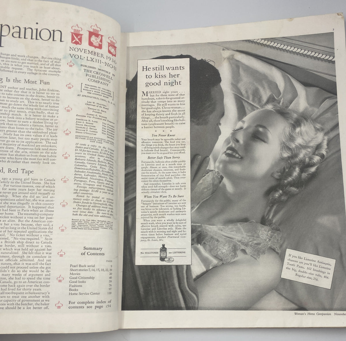 Interior page of Woman’s Home Companion Magazine November 1936 showcasing an advertisement with a romantic scene titled 'He still wants to kiss her good night'.
