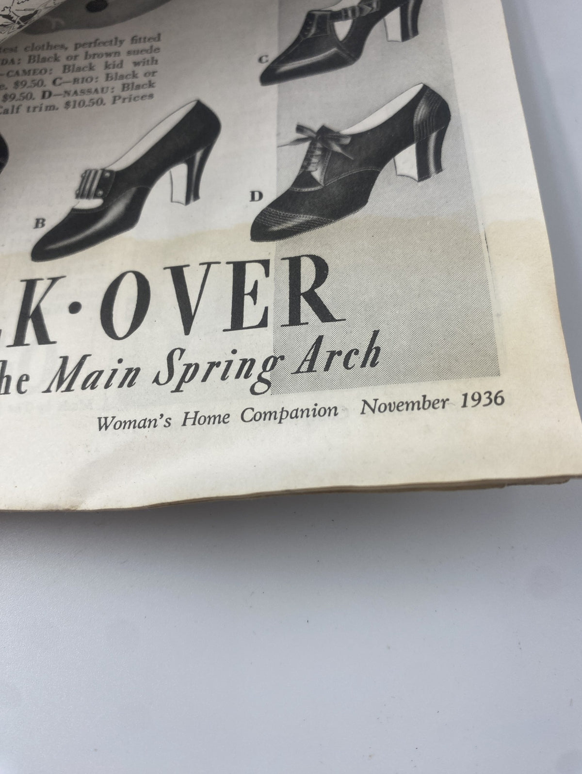 Page from Woman’s Home Companion Magazine November 1936 highlighting an advertisement for Walk-Over shoes, showing various styles.
