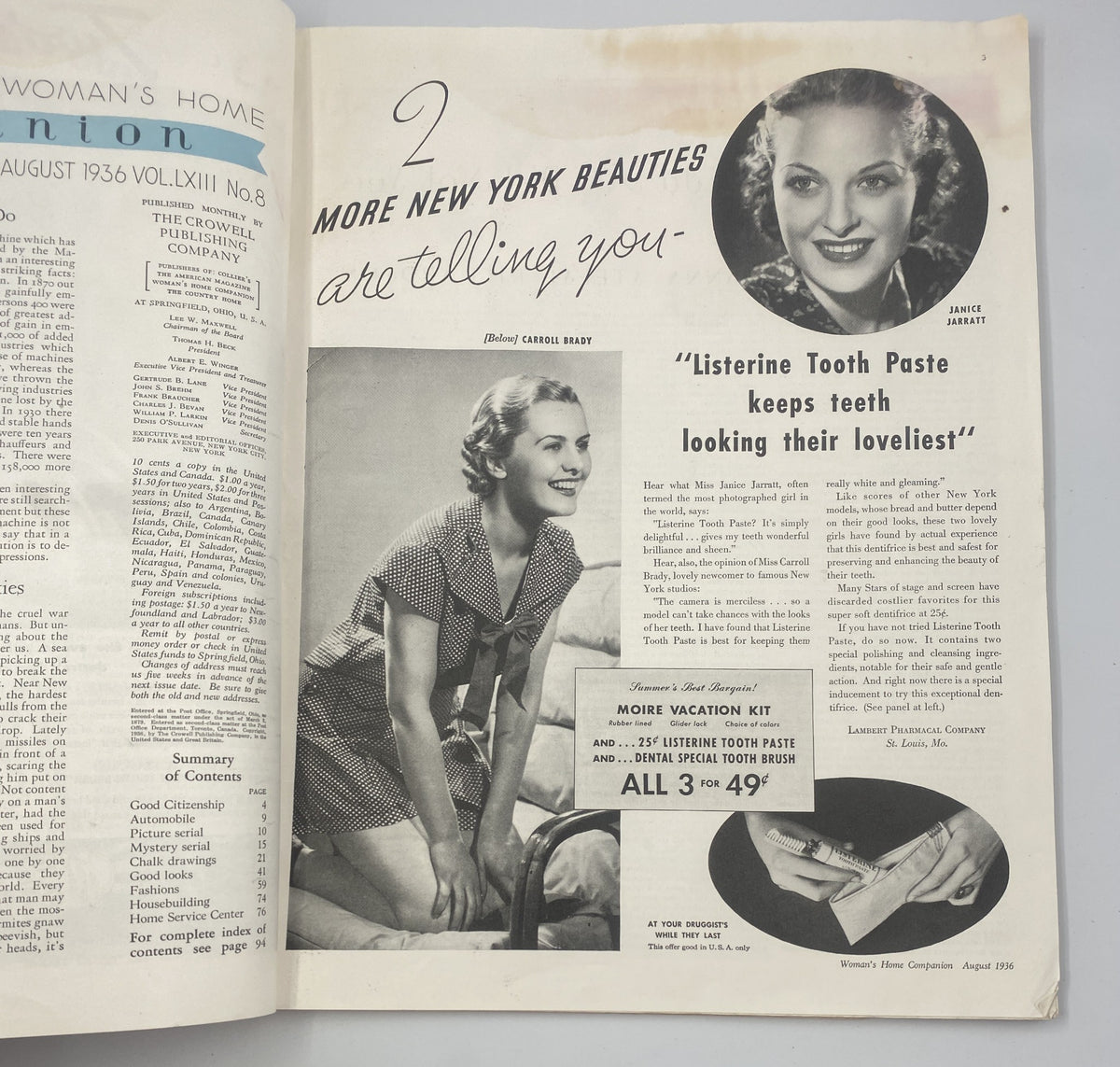 Interior page of Woman's Home Companion Magazine August 1936 displaying an advertisement featuring two models promoting Listerine Tooth Paste.