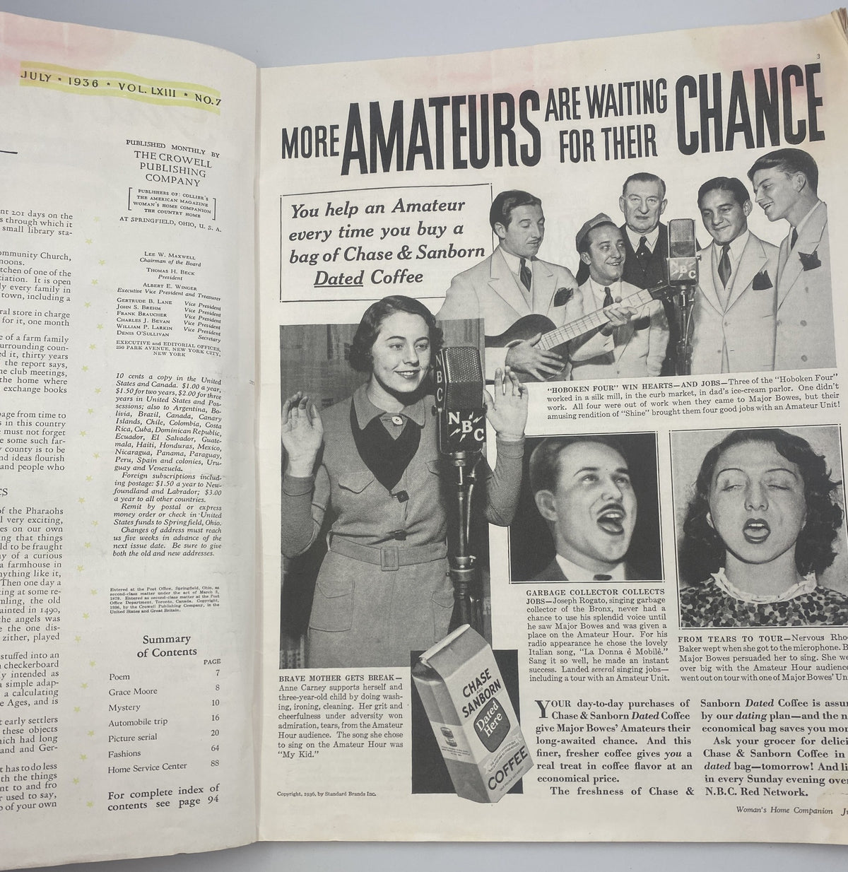 Inside page of Woman’s Home Companion Magazine July 1936 displaying an advertisement for Chase & Sanborn Coffee, featuring a woman speaking into a microphone and promoting community support.