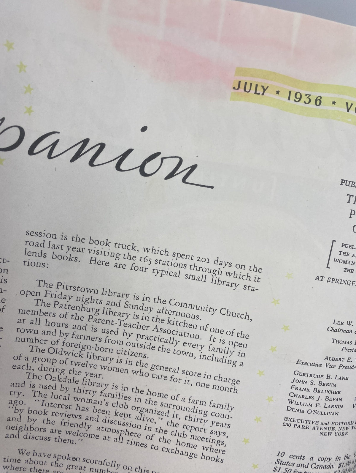 Close-up of an inside page from Woman’s Home Companion Magazine July 1936 discussing the Pittsburg library and its services, emphasizing community outreach and family involvement.