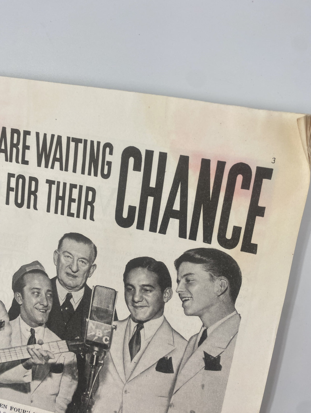 Inside page of Woman’s Home Companion Magazine July 1936 highlighting male vocalists waiting for their chance, featuring a performance at a microphone.