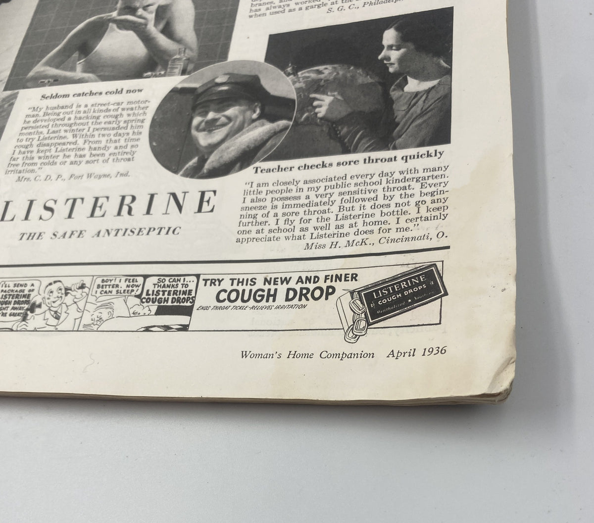 Cover of Woman’s Home Companion Magazine, April 1936, showcasing advertisements for Listerine and a cough drop, with vintage illustrations.