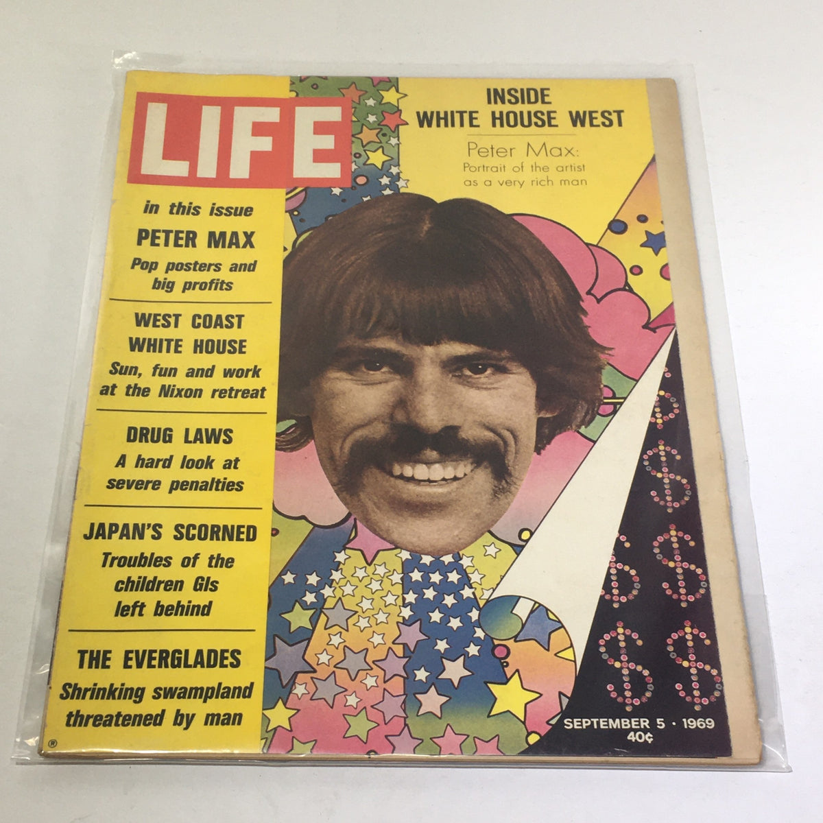Vintage Life Magazine cover from September 5, 1969 featuring the title 'Peter Max: Portrait Of The Artist As Rich'. The cover showcases a psychedelic design with bold colors, a prominent illustration of Peter Max, and various article highlights including topics like the White House and drug laws.