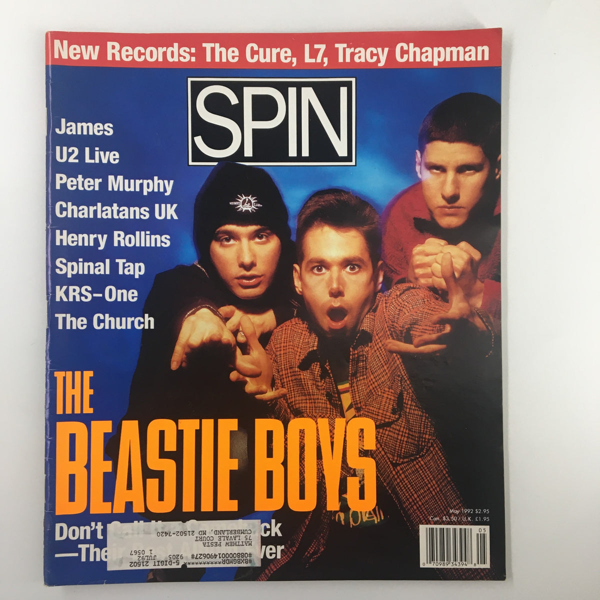 Spin Magazine May 1992 cover featuring The Beastie Boys, showcasing music legends including U2 and Peter Murphy, capturing the essence of the early '90s music scene.
