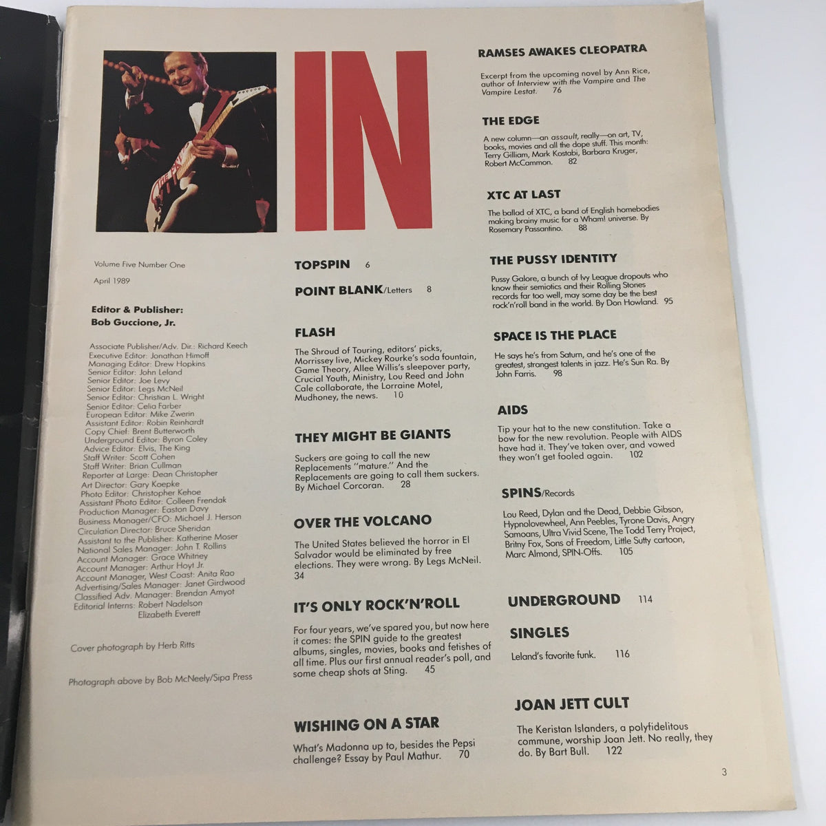 Inside page of VTG Spin Magazine April 1989 Vol 5 #1 featuring contents list including artists like They Might Be Giants and Joan Jett, emphasizing the cultural significance of late 1980s music.