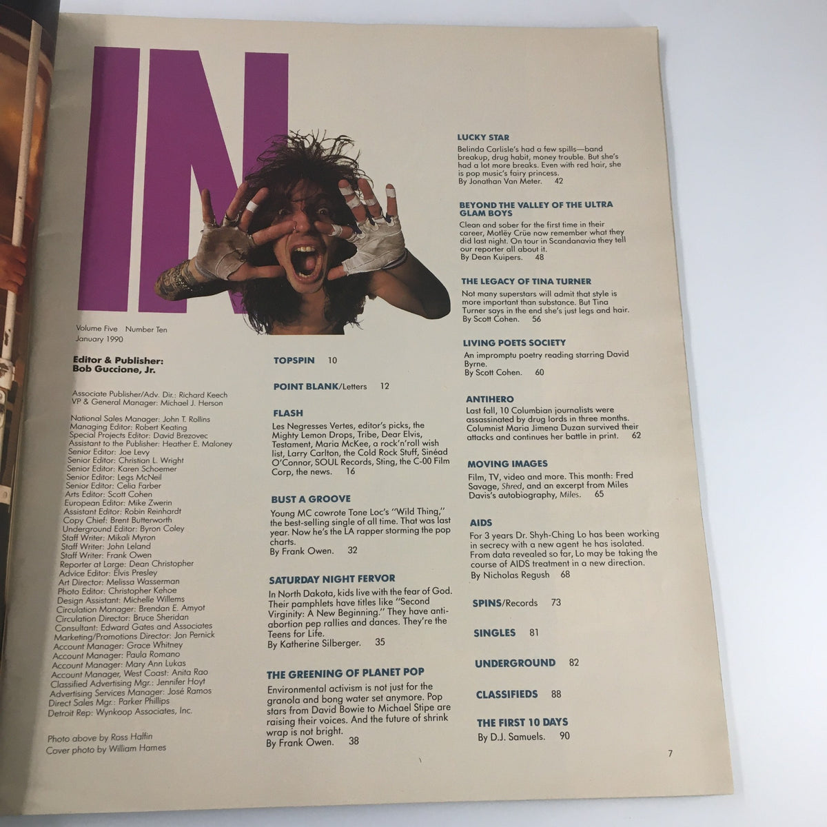 Inside page of Spin Magazine January 1990, showcasing content listings and articles, including features on Mötley Crüe and other notable artists of the era.