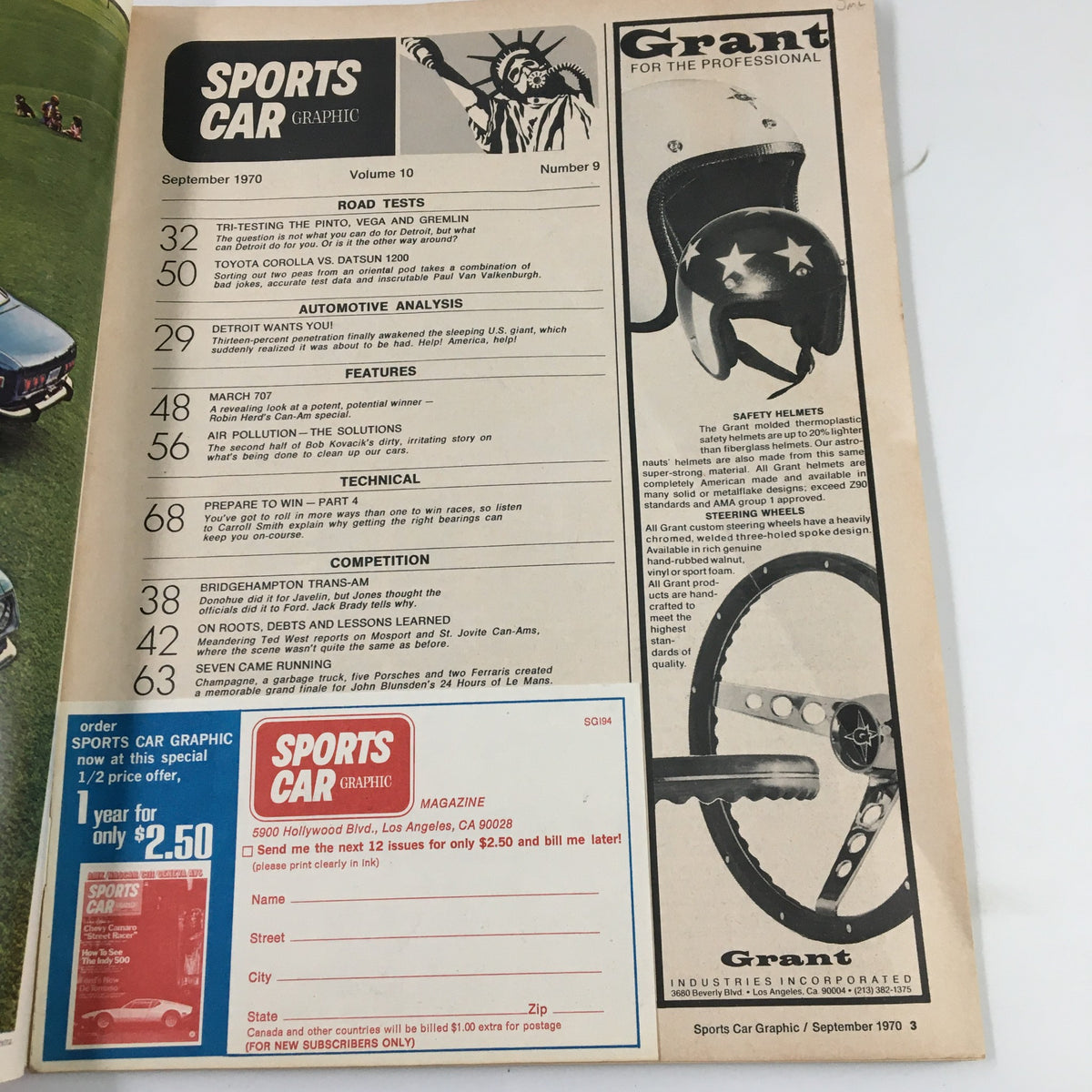 Interior page of VTG Sports Car Graphic Magazine September 1970 displaying the table of contents, highlighting articles about Ford Pinto, Chevy Vega, and automotive analysis.