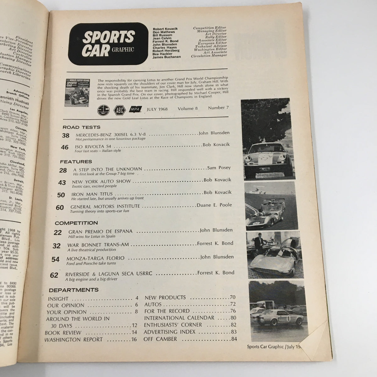 Interior page of VTG Sports Car Graphic Magazine July 1968 displaying contents and features, including coverage of the Spanish Grand Prix at Monza.