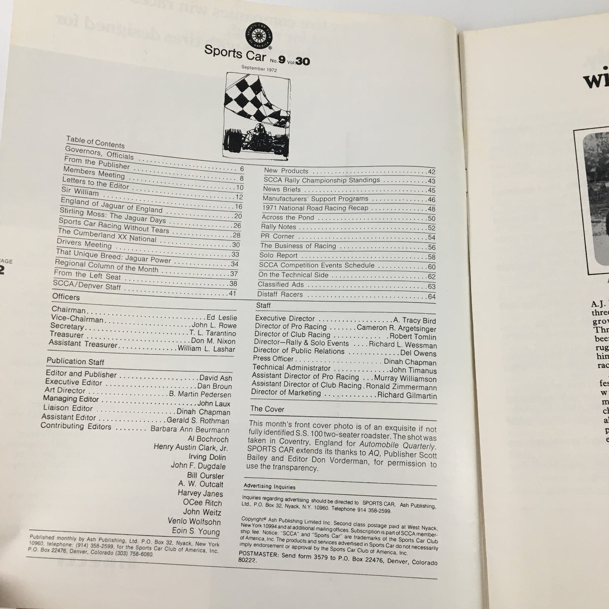 Interior page of VTG Sports Car Magazine September 1972, displaying the table of contents with sections about Jaguar and sports car racing, highlighting key articles and contributors.