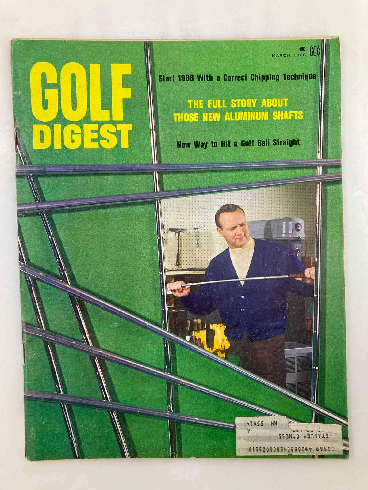 VTG Golf Digest Magazine March 1968 cover featuring discussions on new aluminum golf shafts, with an image of a man in a workshop holding a golf club.