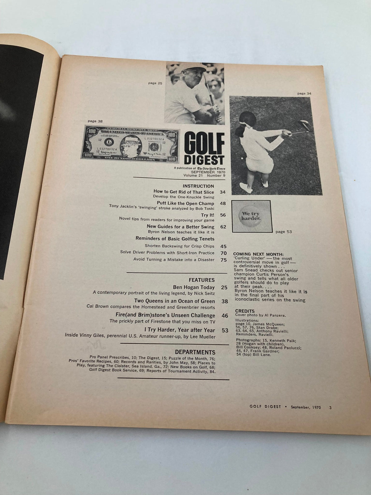 Inside page of VTG Golf Digest Magazine September 1970 displaying the table of contents, featuring articles including 'Ben Hogan Today' and various golf instruction tips.
