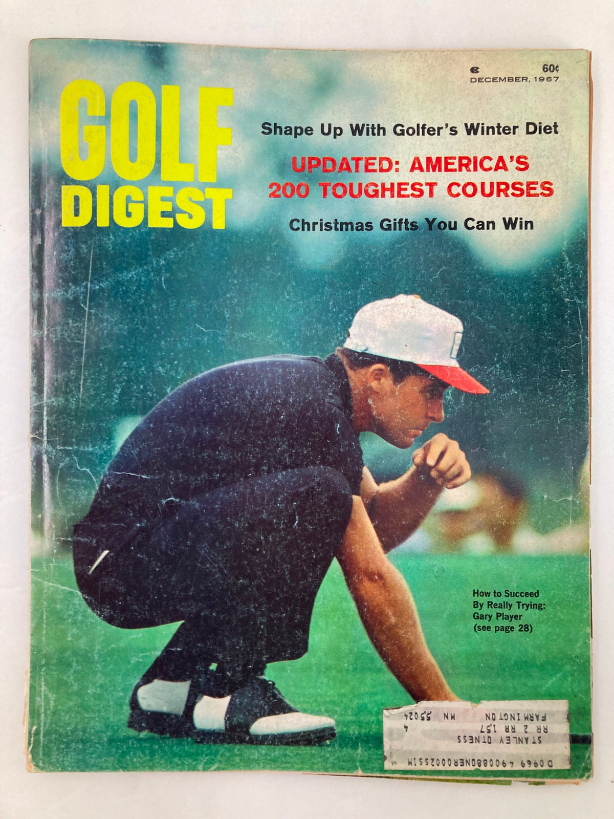 VTG Golf Digest Magazine December 1967 featuring Gary Player on the cover showcasing a golfer in action and details about golfing tips and Christmas gifts.