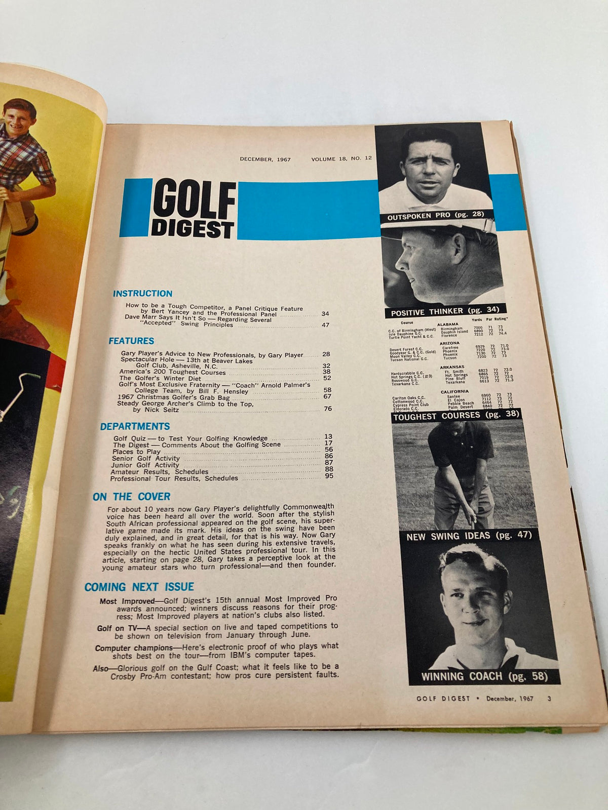 Inside page of VTG Golf Digest Magazine December 1967 showing table of contents and features including advice from Gary Player for new professionals.
