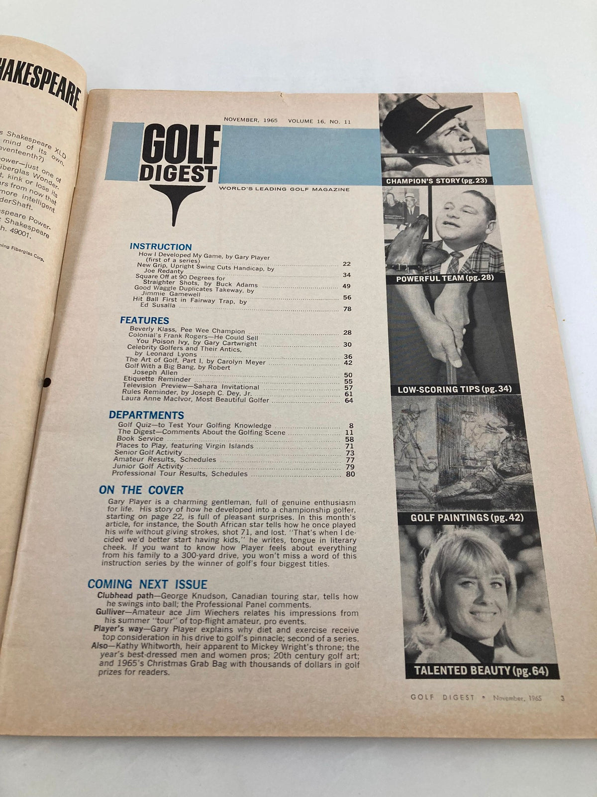 Inside page of November 1965 Golf Digest Magazine, detailing contents including Gary Player's exclusive instruction series.
