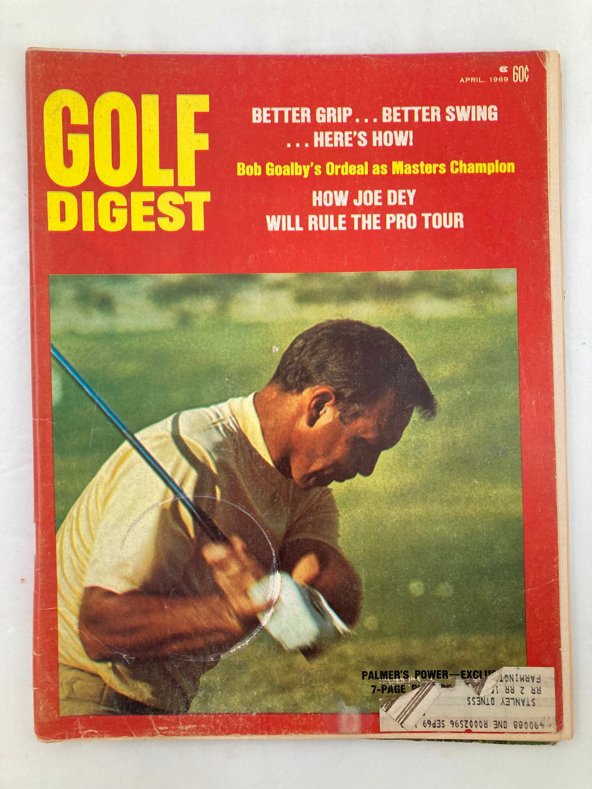 VTG Golf Digest Magazine April 1969 cover featuring a golfer demonstrating a swing, highlighting an article on Joe Dey's influence on the pro tour.