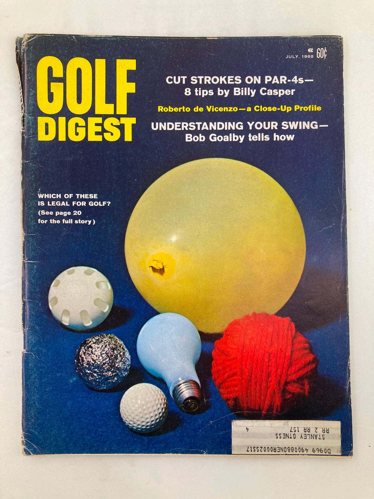 VTG Golf Digest Magazine July 1968 cover featuring various golf equipment and the headline 'Which of These is Legal for Golf?' along with articles on golf tips and player profiles.