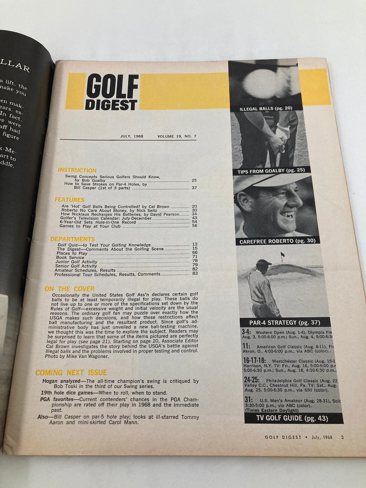 Interior page from the VTG Golf Digest Magazine July 1968 issue, displaying the table of contents and features including 'Understanding Your Swing' and 'Illegal Balls'.