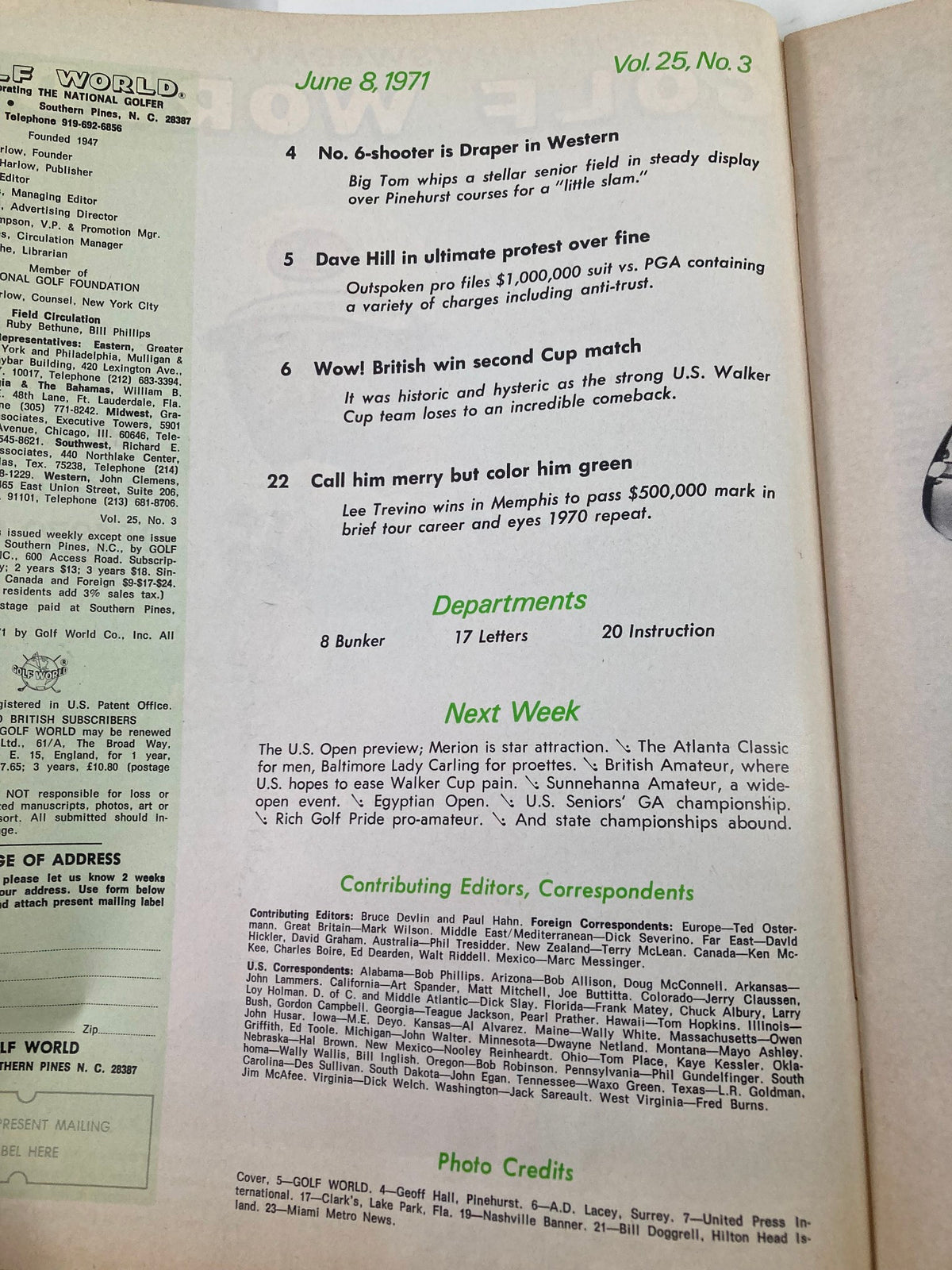 Inside page of VTG Golf World Magazine from June 8, 1971, showcasing various articles and features from that edition. The page lists contributing editors and topics including Lee Trevino and other noteworthy events from the era.