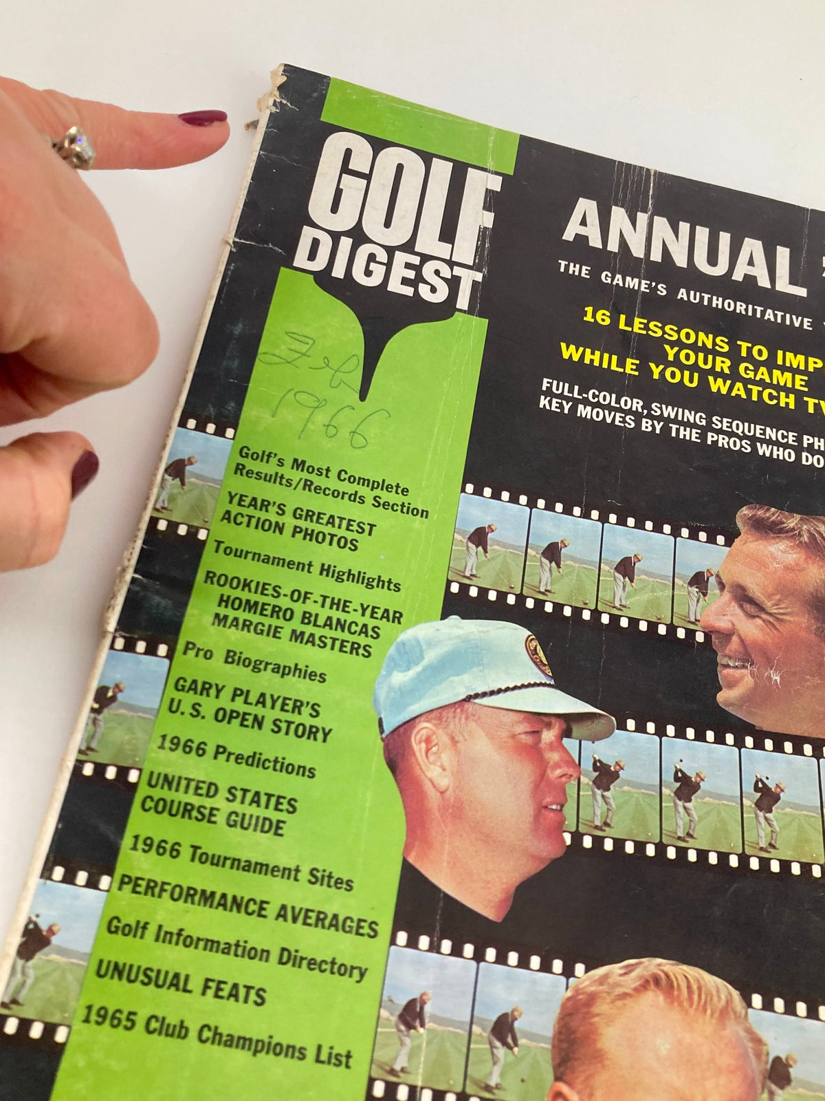 Close-up of the 1966 VTG Golf Digest Yearbook cover highlighting key features of golf history, including tournament details and golfer biographies.