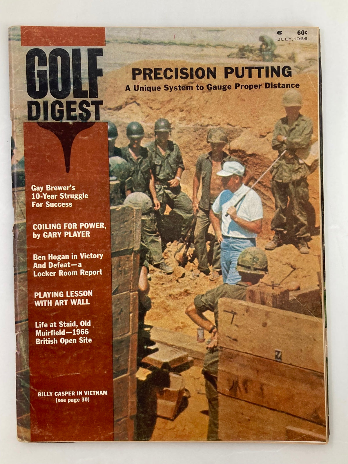 Cover of VTG Golf Digest Magazine July 1966 featuring the title 'Precision Putting: A Unique System to Gauge Proper Distance' with a historical photograph of soldiers and a golf instructor.