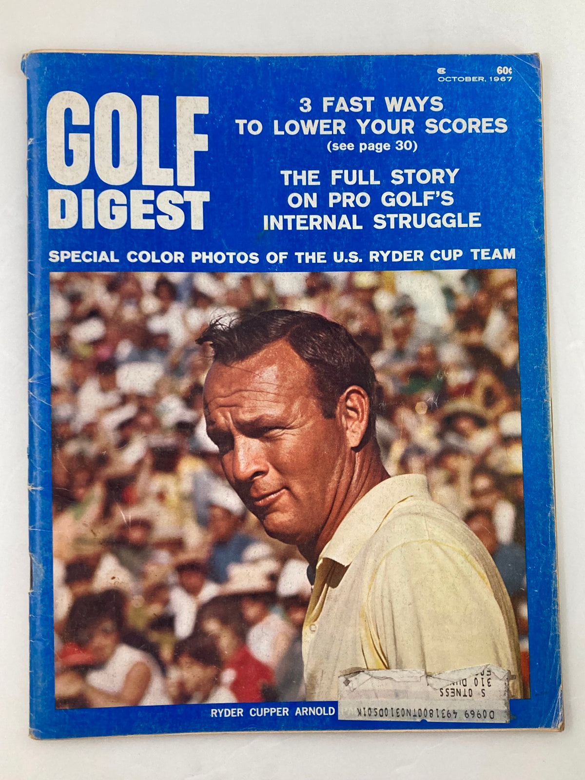 VTG Golf Digest Magazine cover from October 1967 featuring Arnold Palmer during the Ryder Cup. The cover highlights tips for lowering golf scores and includes special color photos of the U.S. Ryder Cup team.