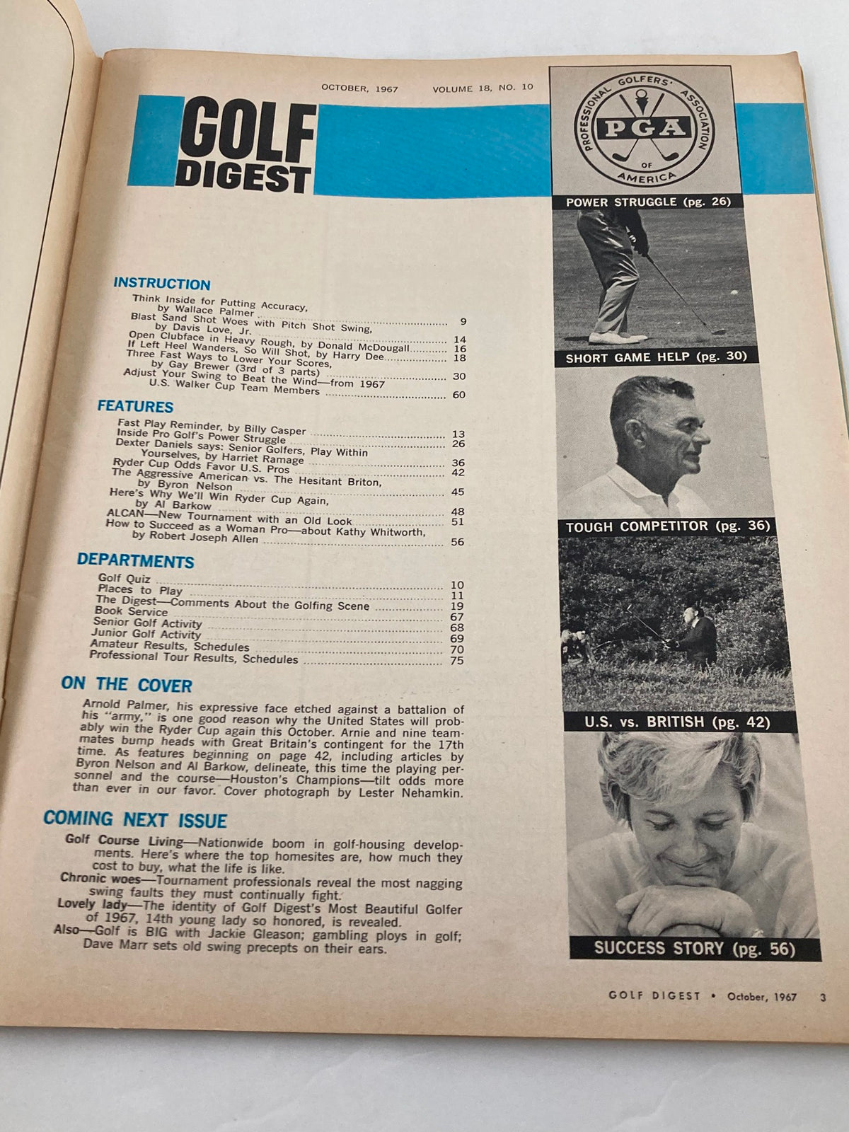Cover page of the October 1967 issue of Golf Digest Magazine featuring Arnold Palmer in the Ryder Cup, showcasing articles and illustrations related to golf instruction and features.