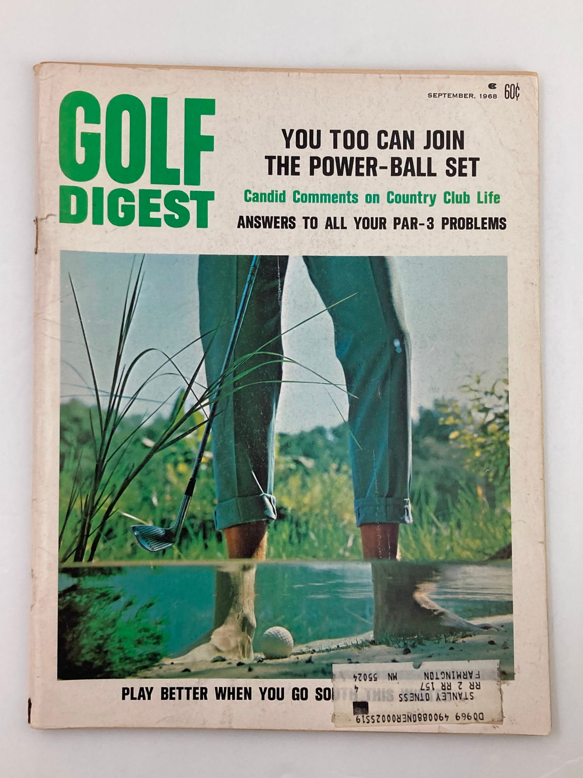 Covers of VTG Golf Digest Magazine September 1968 featuring '5 Ways To Whip Southern Courses' and an image of a golfer preparing to play from a water hazard.
