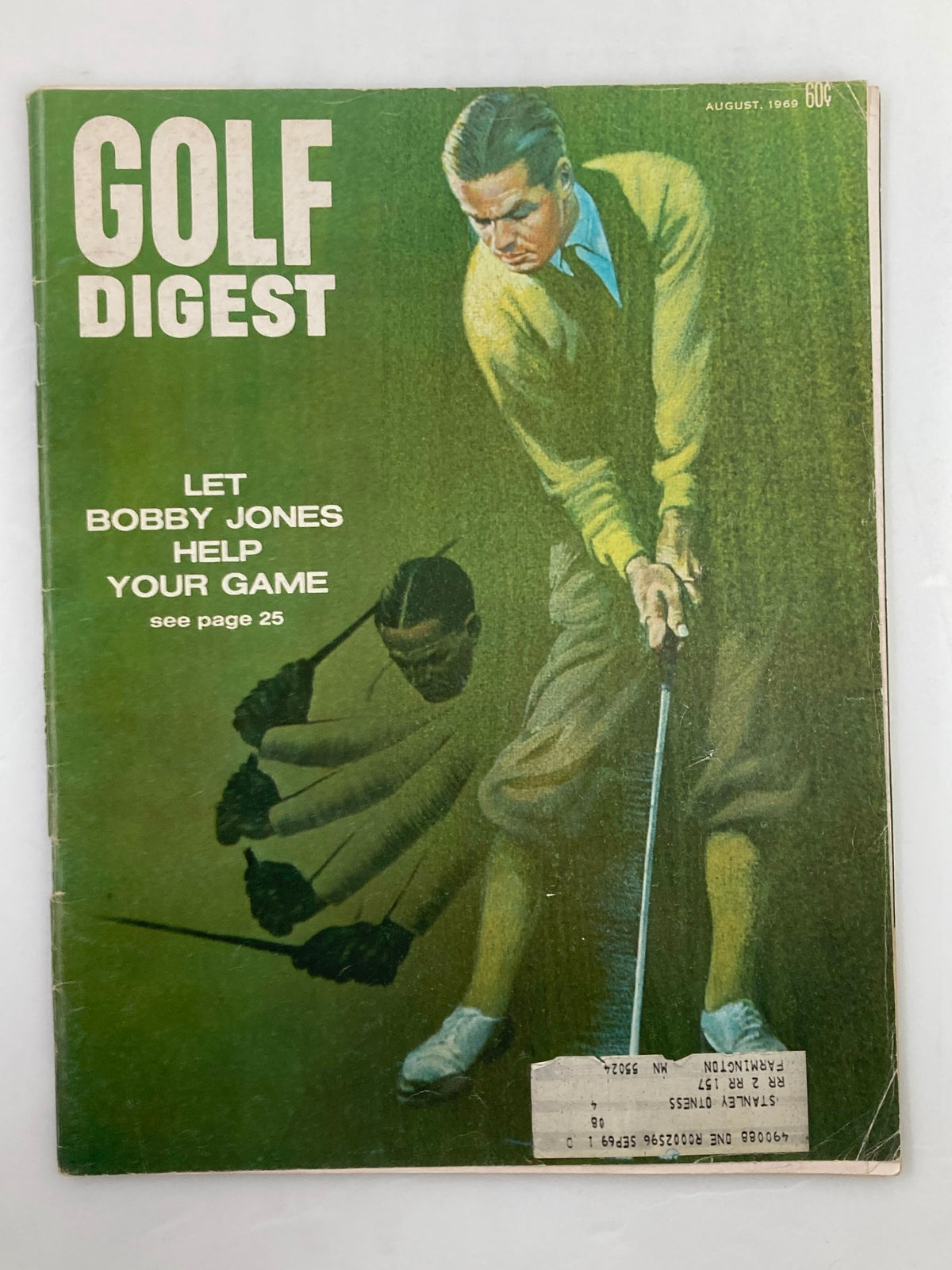 Vintage Golf Digest Magazine Cover from August 1969 featuring Bobby Jones with the title 'Let Bobby Jones Help Your Game'.