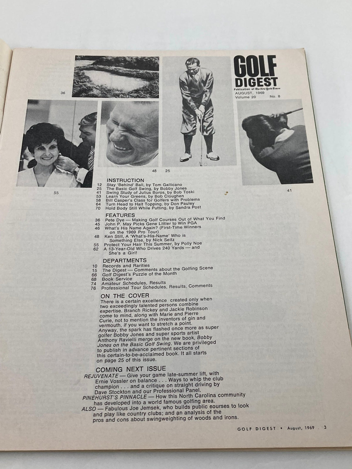 Inside page of Golf Digest Magazine from August 1969 displaying the table of contents, highlighting Bobby Jones and instructional articles.