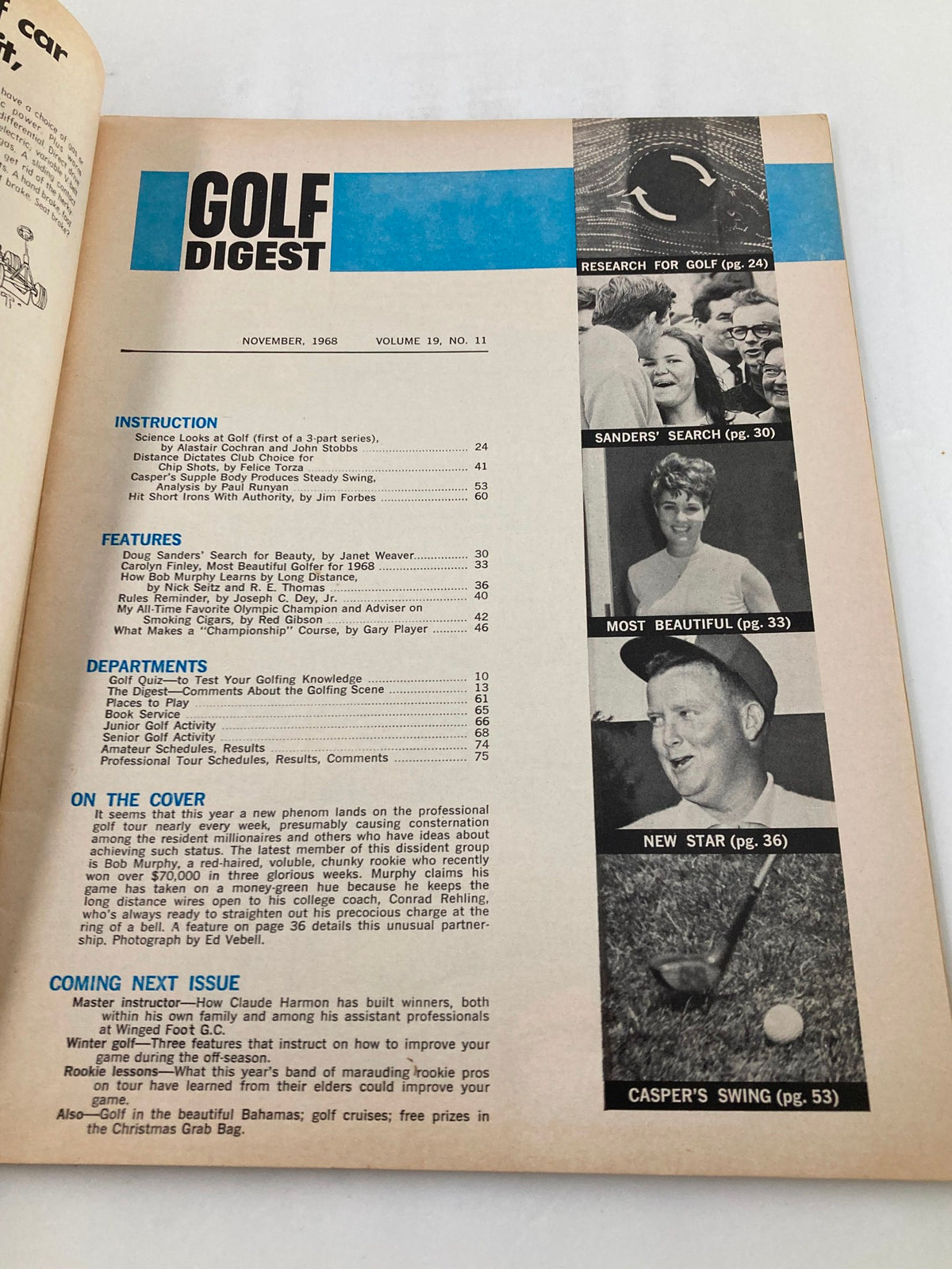 Inside page of the VTG Golf Digest Magazine November 1968 showing Table of Contents, featuring articles and discussions on golf tips and insights from the era.