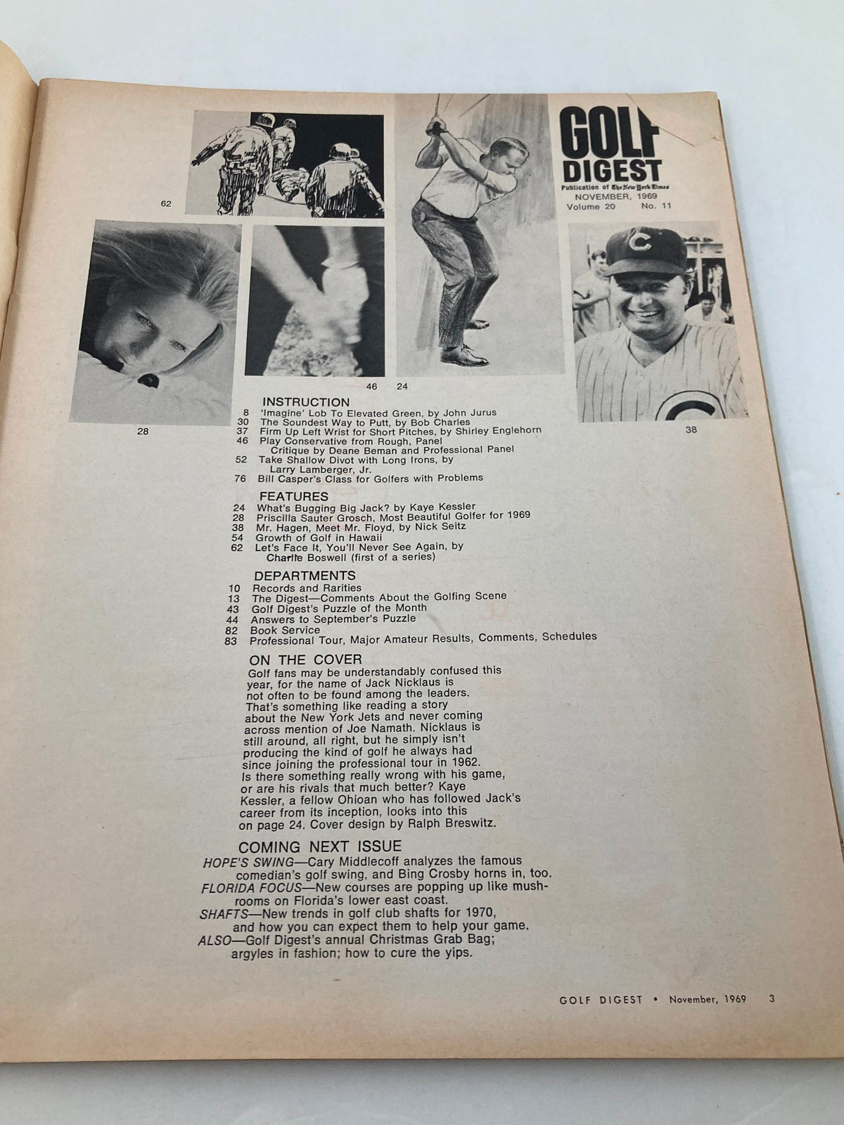 Inside page of the VTG Golf Digest Magazine November 1969 displaying the table of contents and notable articles, reflecting vintage golf literature.