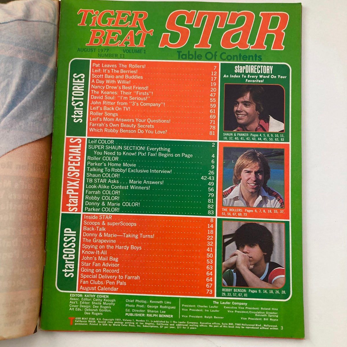 Table of contents from Tiger Beat Star Magazine August 1977, highlighting articles and features about popular teen stars and culture.