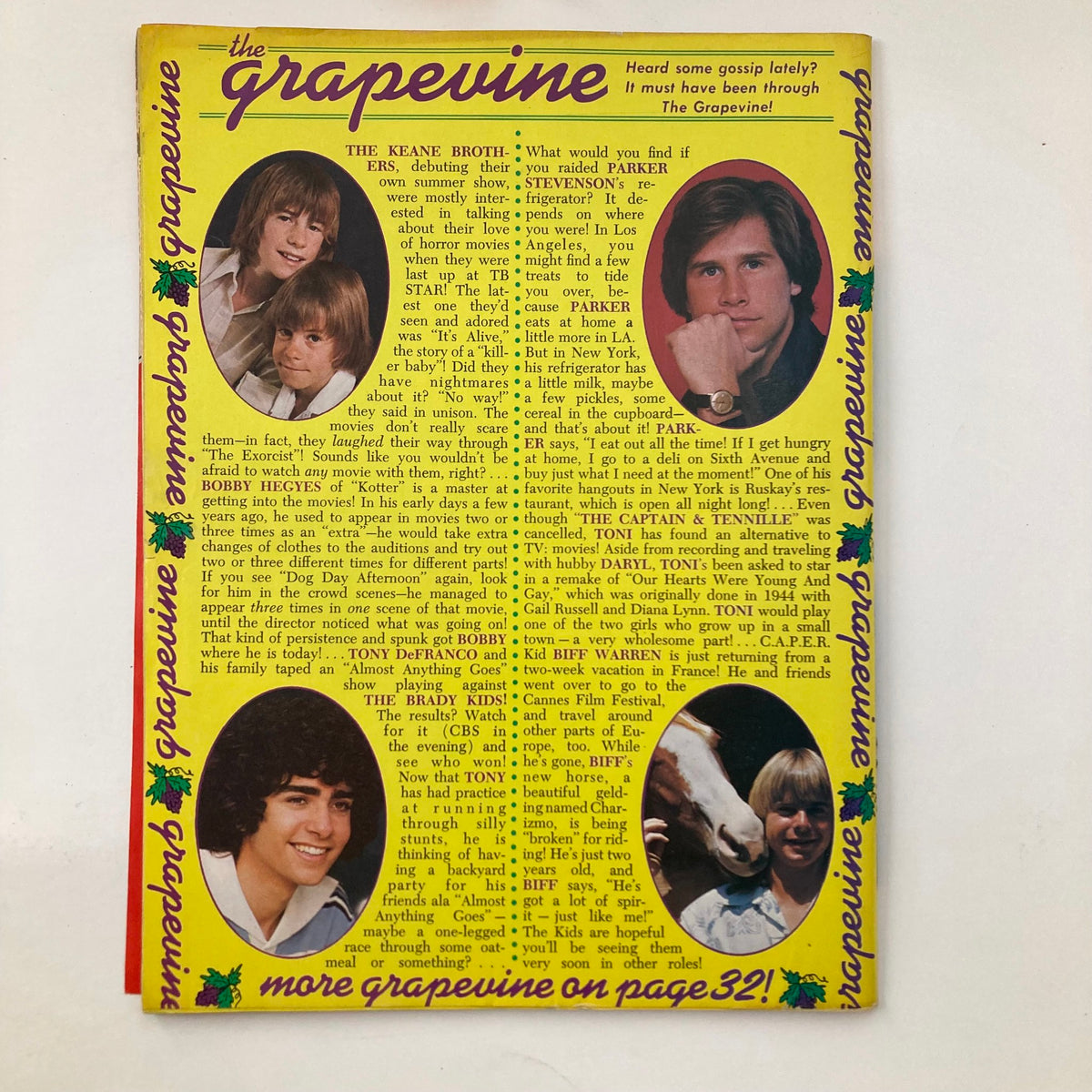 The Grapevine gossip column page from Tiger Beat Star Magazine August 1977 featuring various teen idols and fun anecdotes.
