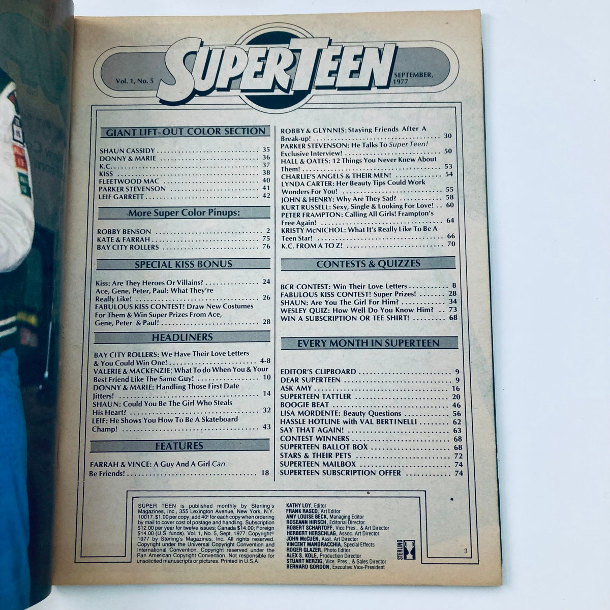 Table of contents from VTG SuperTeen Magazine September 1977 Vol 1 #5, detailing articles and features including Kiss and Bay City Rollers.