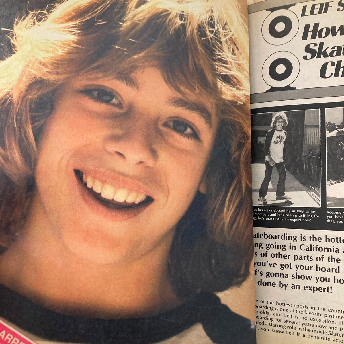 Close-up of a smiling young skateboarder featured in VTG SuperTeen Magazine September 1977 Vol 1 #5, showcasing youth culture and skateboarding trends of the era.