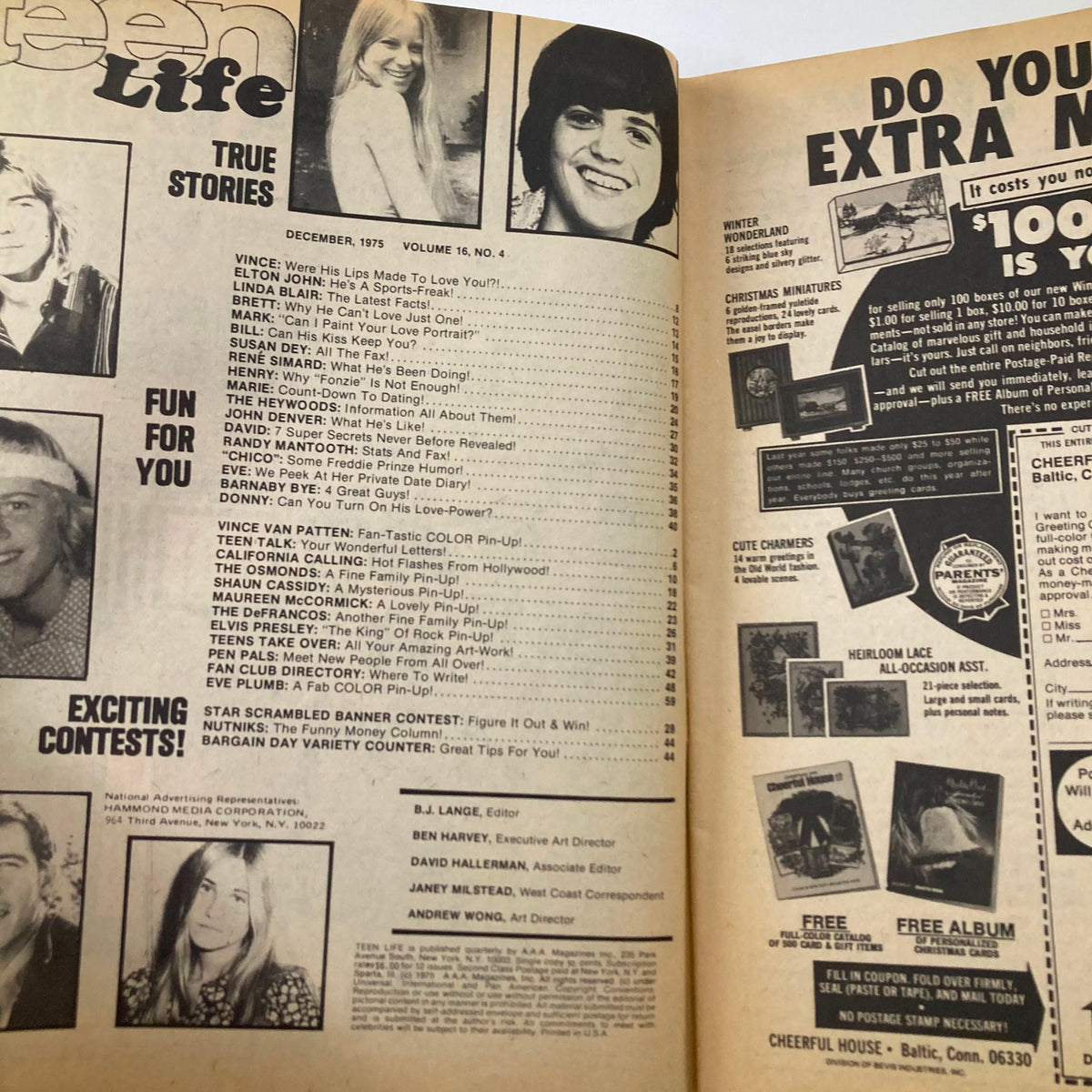 Interior page of VTG Teen Life Magazine December 1975 showcasing articles about Elton John, Linda Blair, and exciting contests, capturing the essence of 1970s teen culture.