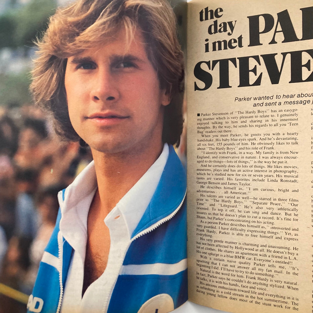 Interior page of the VTG Teen Bag Magazine Spring 1978 featuring Parker Stevenson with accompanying interview text about his career.