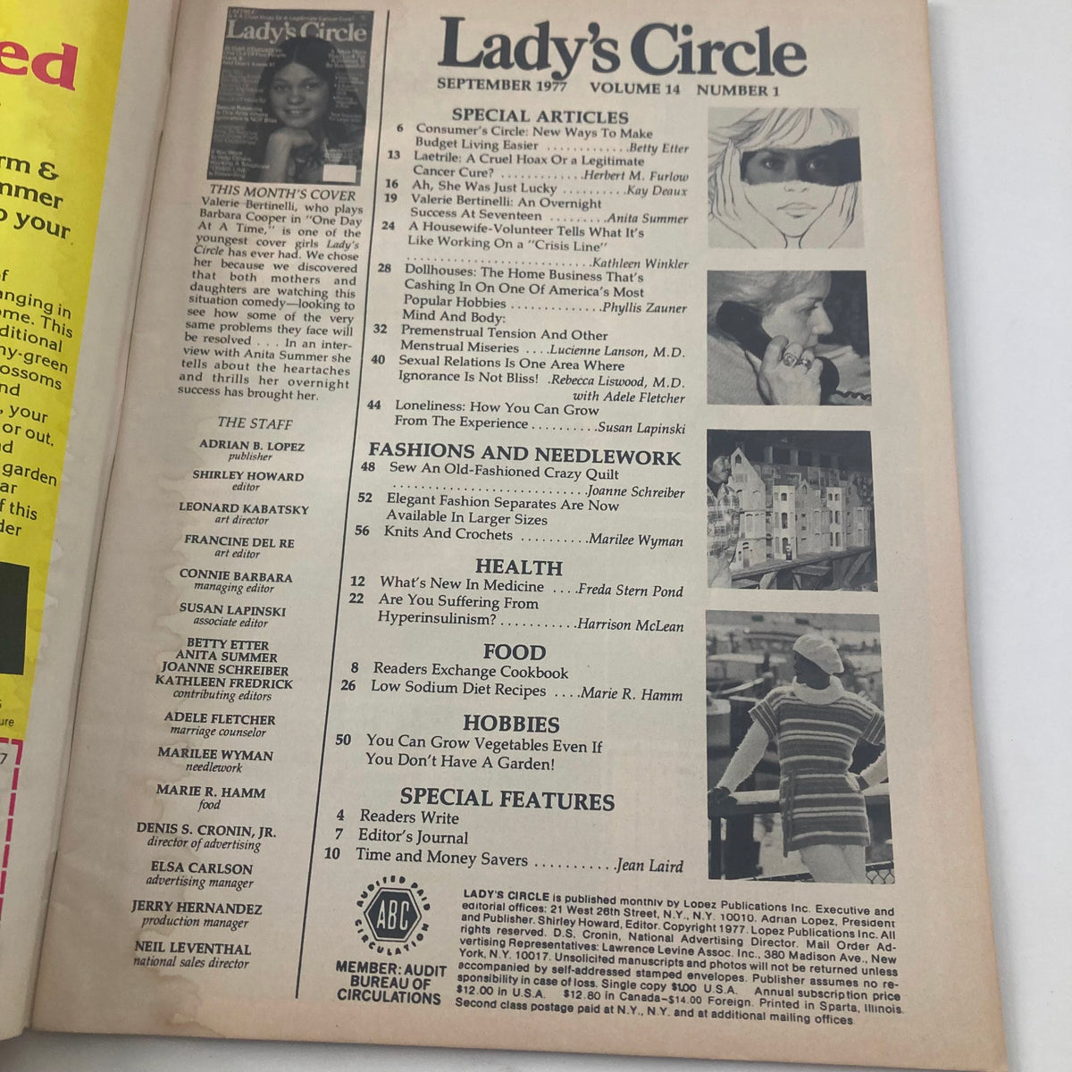 Table of contents page from the VTG Lady's Circle Magazine September 1977, showcasing featured articles and topics related to women's interests.