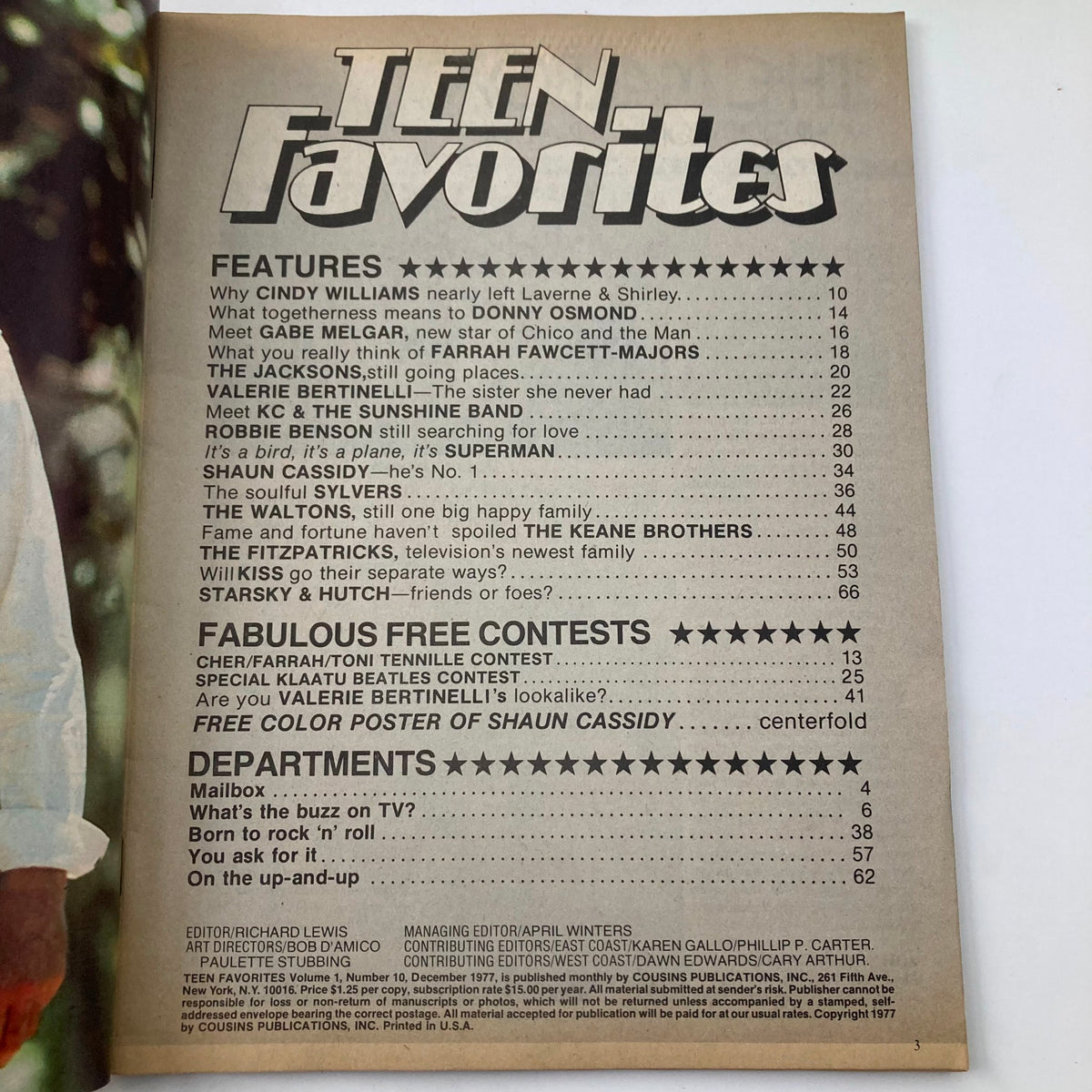 Inside page of Teen Favorites Magazine December 1977 displaying the features and articles including Shaun Cassidy and other teen stars.