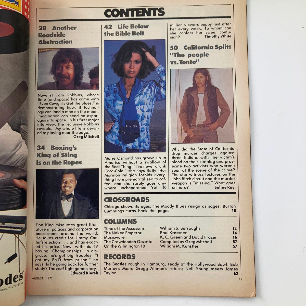 Contents page of the Crawdaddy Magazine August 1977, highlighting articles on Marie Osmond, Tom Robbins, and boxing promoter Don King, providing insights into the entertainment scene of the time.