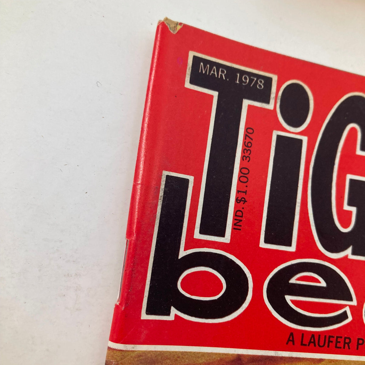 Close-up of the spine of the March 1978 Tiger Beat magazine, showing minor wear and the publication date.