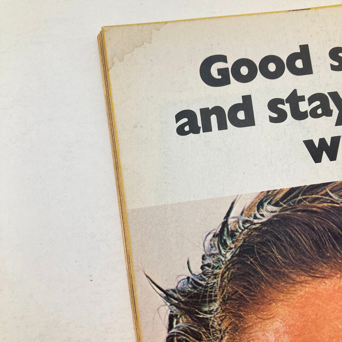 Close-up of the header from a vintage Noxzema advertisement stating 'Good skin and stays younger-looking with Noxzema.' This image highlights skincare advice relevant to the era. Context linked to the VTG Tiger Beat Magazine March 1978 featuring Shaun Cassidy and Scott Baio.