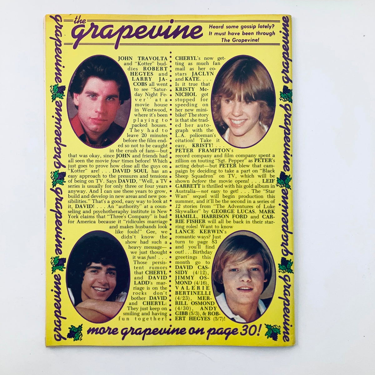 Back cover of the VTG Tiger Beat Star Magazine June 1978, featuring a gossip column titled 'The Grapevine', showcasing various teen celebrities of the time.